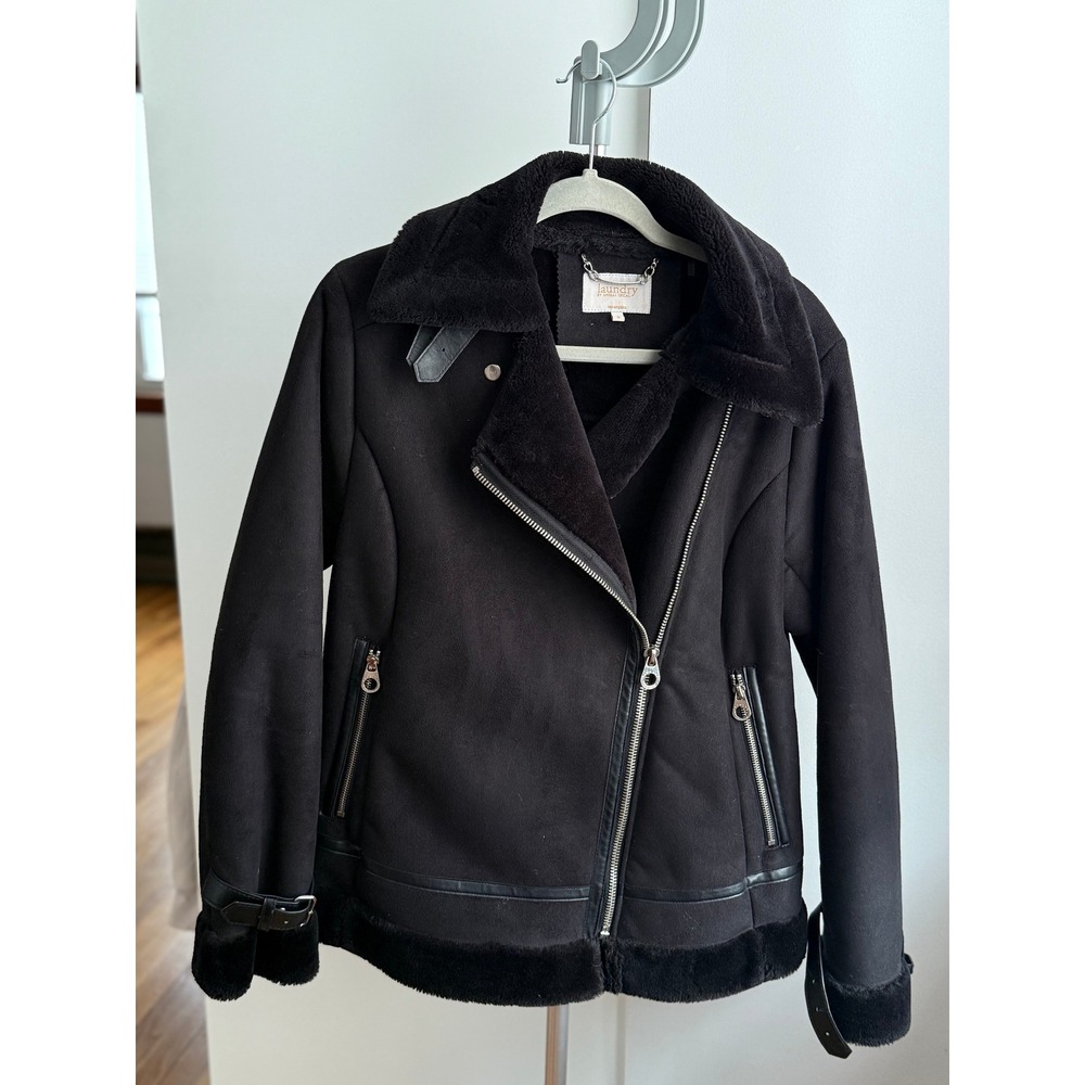 Black Faux Suede Fur Lined Moto Biker Jacket / Small - Picture 3 of 5